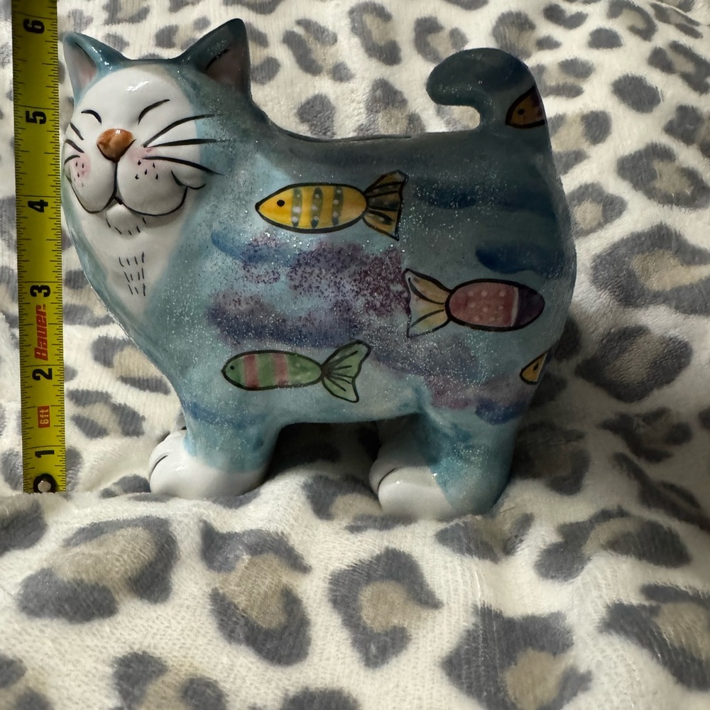Blue Cat Figurine with Colorful Fish piggy bank missing plug - Picture 3 of 8